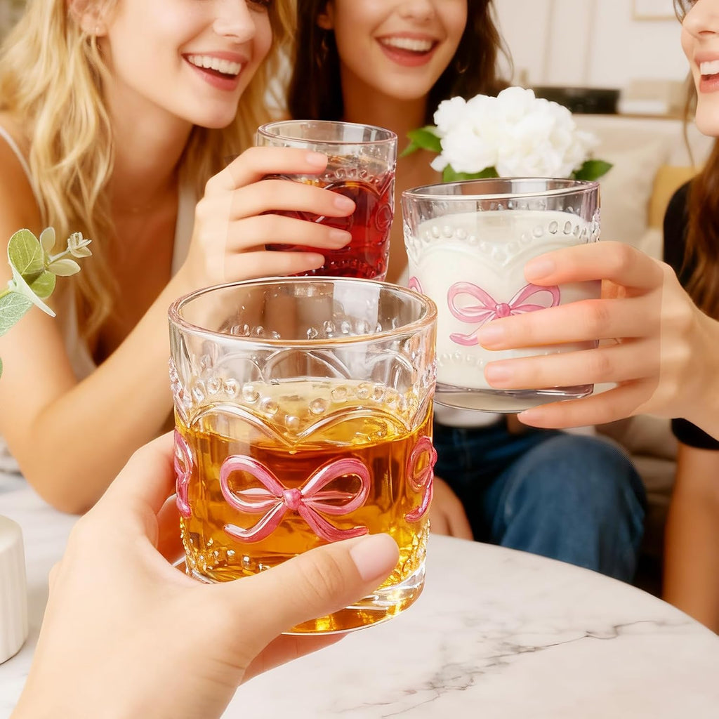 11OZ Ribbed Glass Coffee Cups Set of 6, Vintage French-Style Glasses with Delicate Pink Bow and Dot Relief, Elegant and Durable Glassware for Hot and Cold Beverages, Thick-Bottomed and Dishwasher Safe