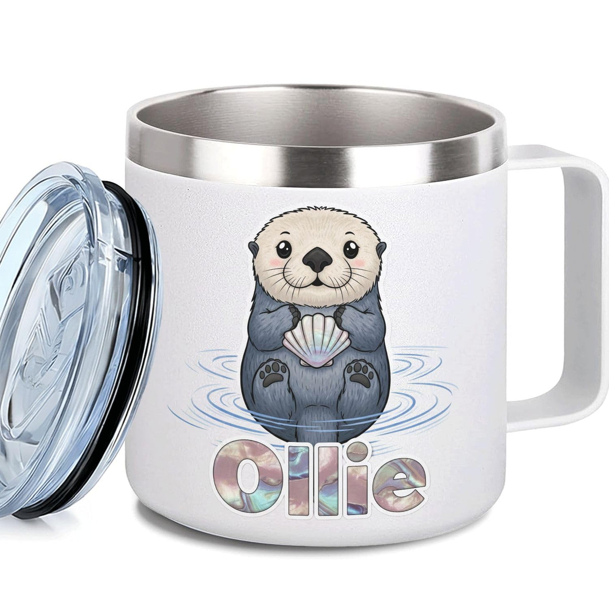 Leo Personalized Kids Mug with Lid, 10 oz Stainless Steel Insulated Camp Cup, Cartoon Lion Tropical Tiki Theme