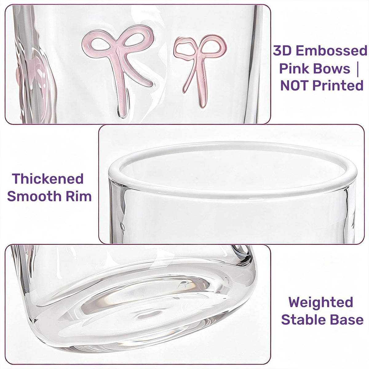 Goaste 2 Pack Cute 3D Pink Bow Glass Cups with Straws, 18oz Clear Coquette Aesthetic Iced Coffee Tumbler, Girly Preppy Drinking Glasses, Birthday Valentine Mug Gifts for Women Teen Girls Girlfriends