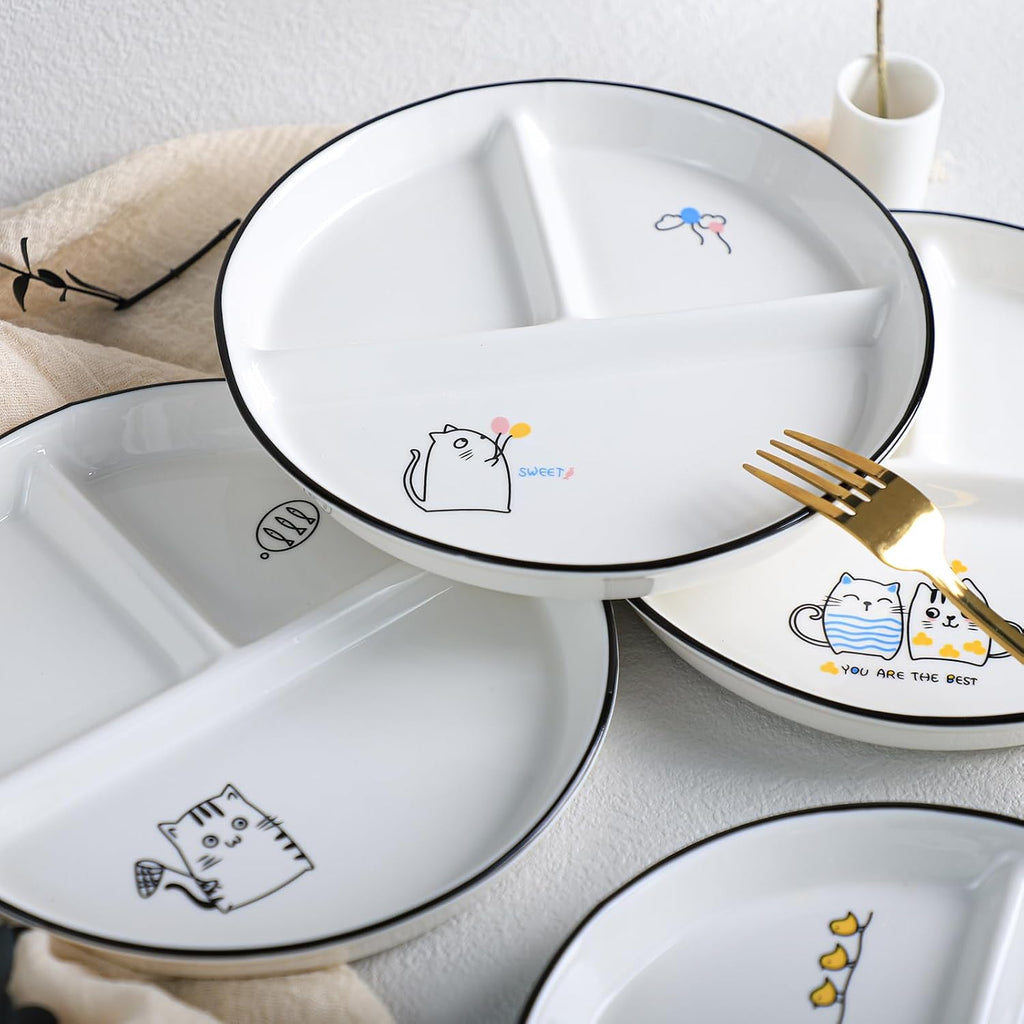 SOCOSY Ceramic 3-Compartment Portion Control Plate Divided Dish Platters, Divided Dessert Salad Dinner Snack Dishes, Appetizer Serving Trays, 1 PC - Balloon Cat-8 Inch