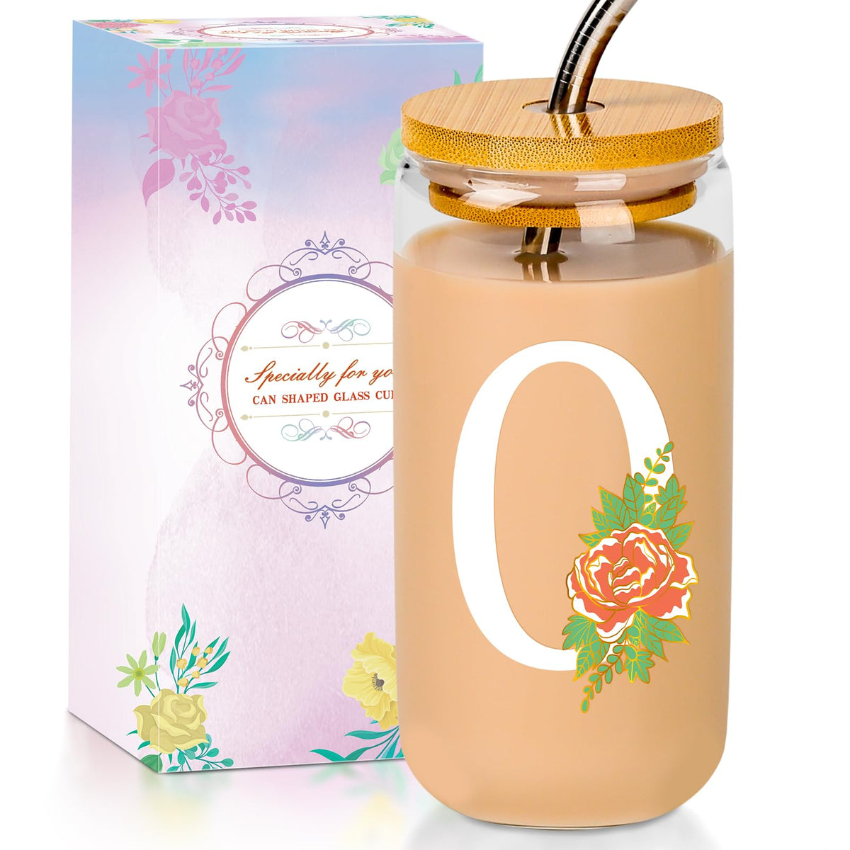16 Oz Initial Glass Cup with Lid and Straw Personalized Color-Changing