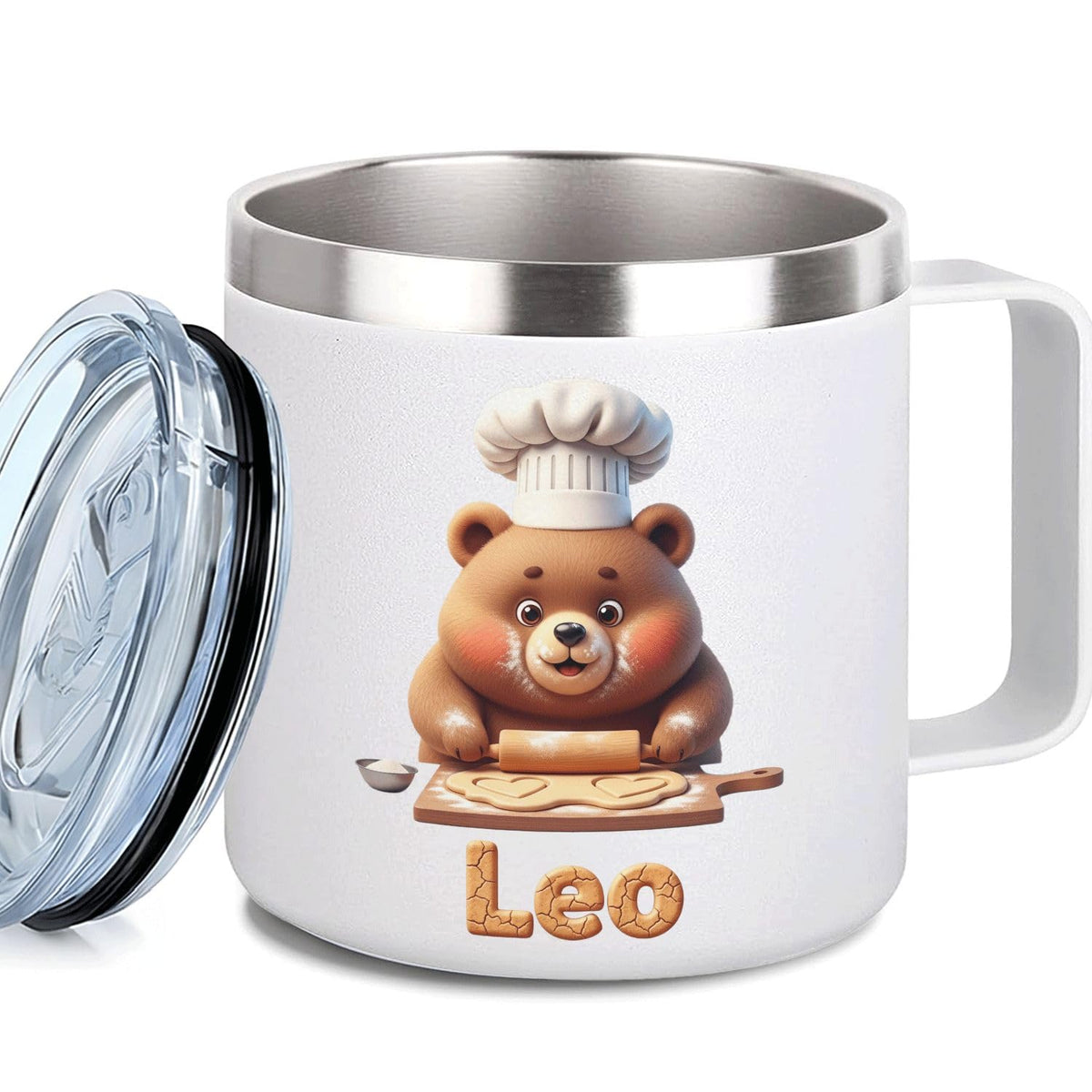 Leo Personalized Kids Mug with Lid, 10 oz Stainless Steel Insulated Camp Cup, Cartoon Lion Tropical Tiki Theme