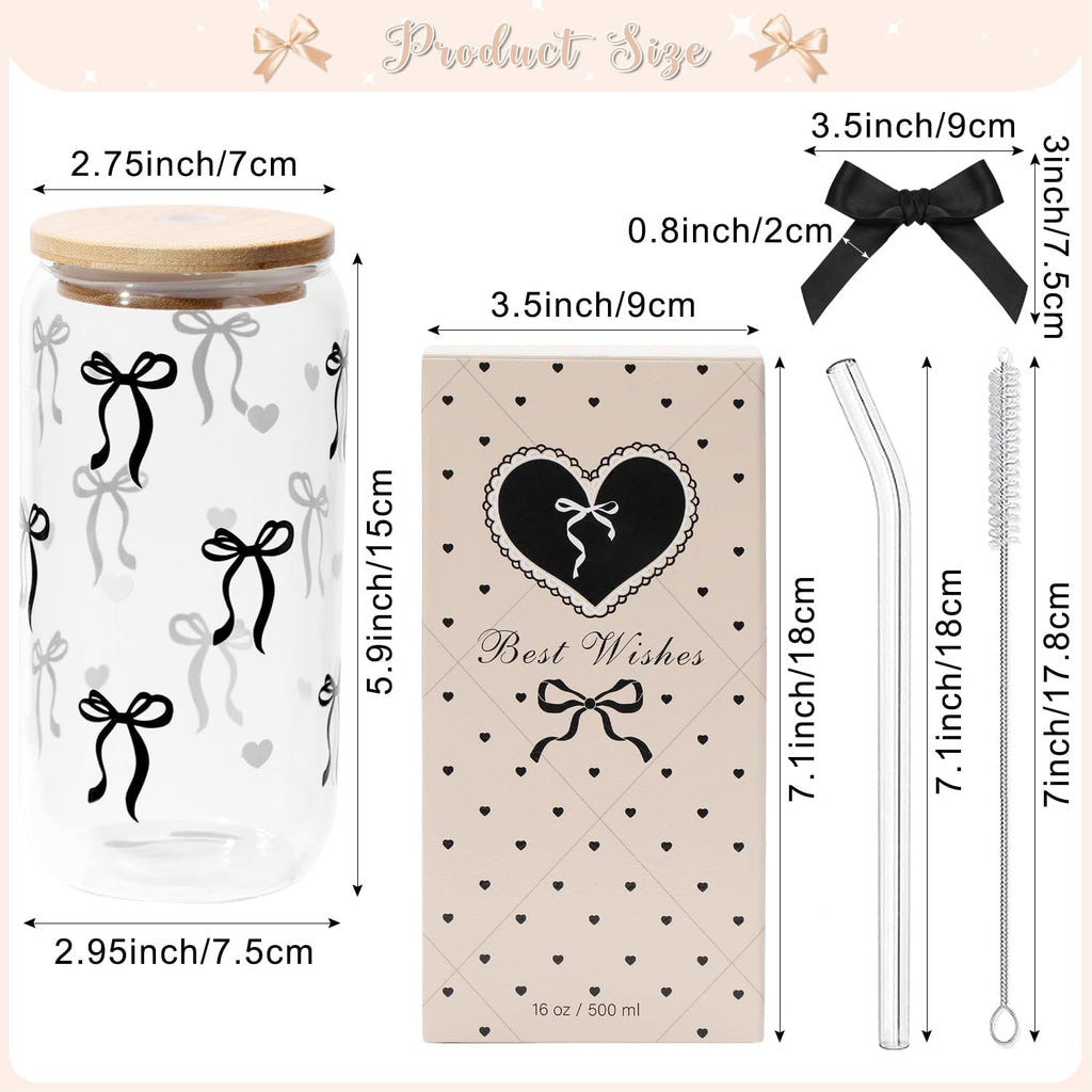 Coquette Black Bow Gift for Women, Glass Cup with Lid Straw