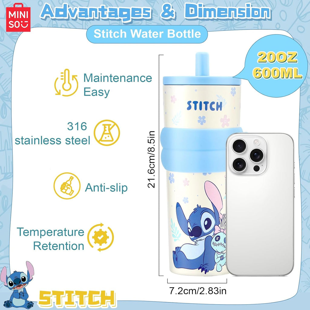 MINISO Disney Stitch Water Bottle, 20oz Lilo&Stitch Insulated Stainless Steel Bottle, Cartoon Vacuum Insulated Tumbler, Leak Proof Flip Top Stitch Cup for Sport Travel Office (Blue)