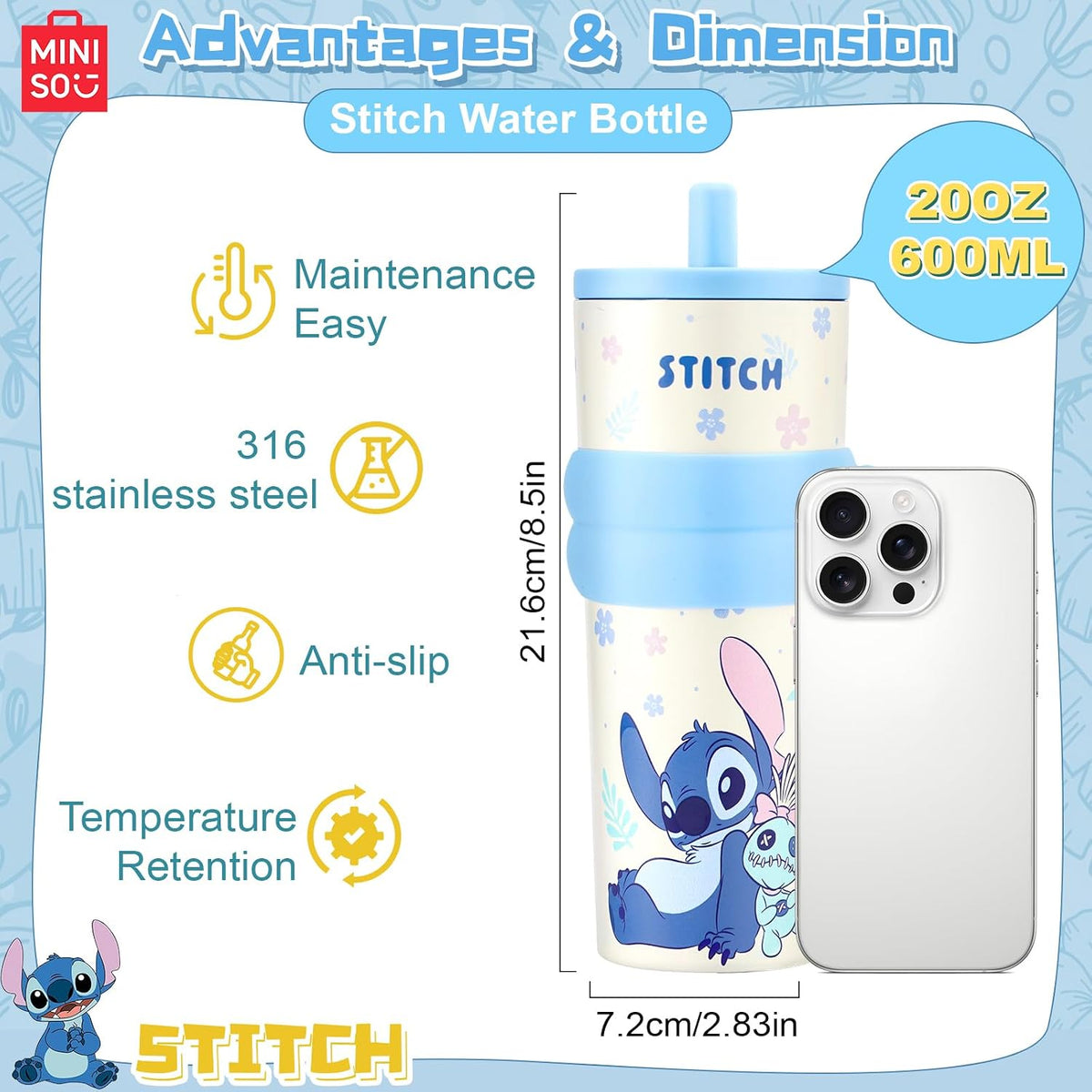 MINISO Disney Stitch Water Bottle, 20oz Lilo&Stitch Insulated Stainless Steel Bottle, Cartoon Vacuum Insulated Tumbler, Leak Proof Flip Top Stitch Cup for Sport Travel Office (Blue)