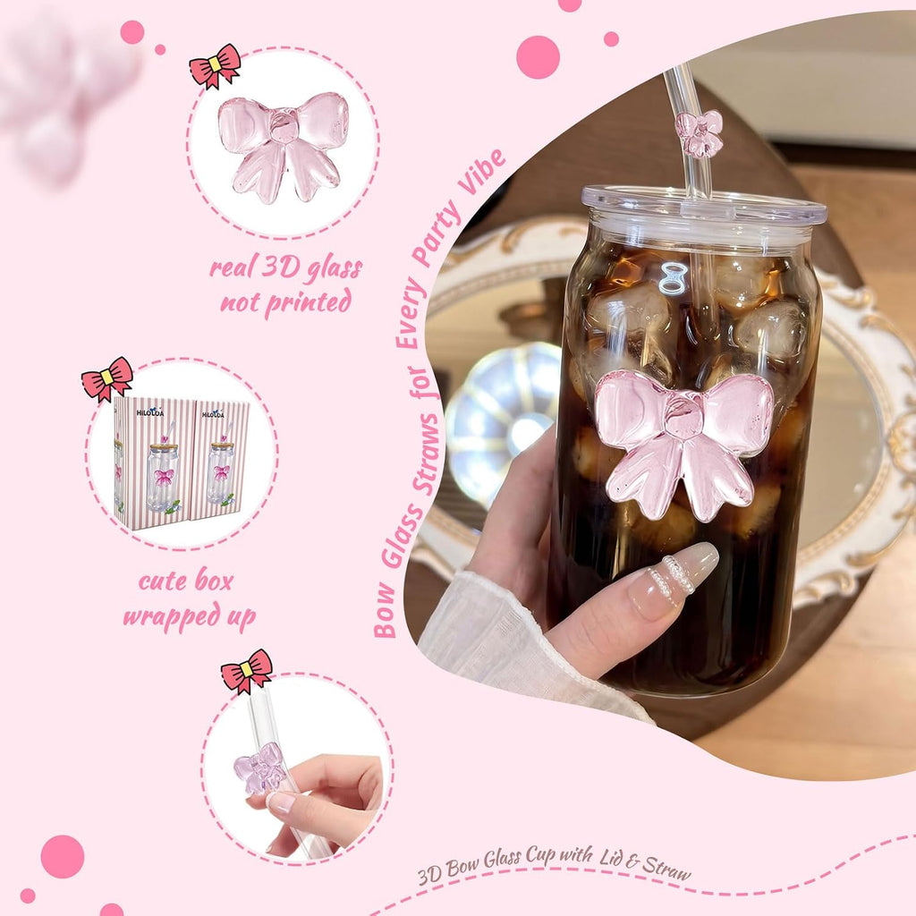 Cute Glass Cup Set | Pink Bow Matcha Cups| Aesthetic Iced Coffee Cup with Lid Straw Brush| 16OZ Preppy Girly Drinking Mug for Best Friend First Mom Coworkers Bestie Boss Girlfriend Daughter Gifts