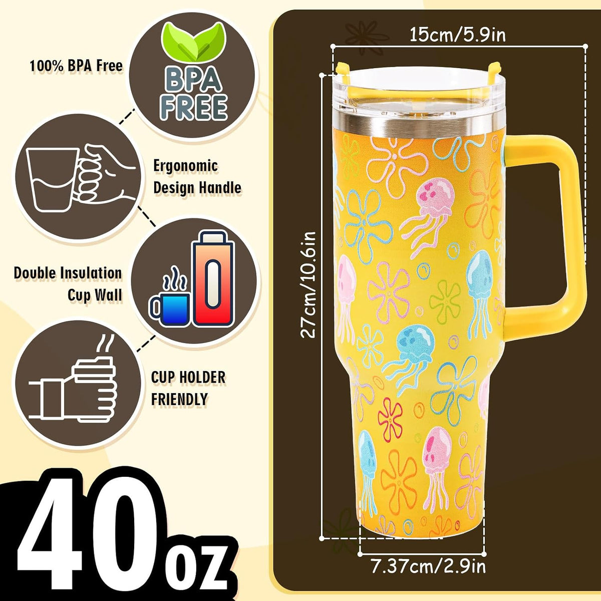 Whaline 40 Oz Cartoon Sponge Tumbler with Handle Straw and Lid Ocean Themed Travel Tumbler Flower Bubble Jellyfish Coffee Cup for Friend Summer Holiday Birthday Party Favors