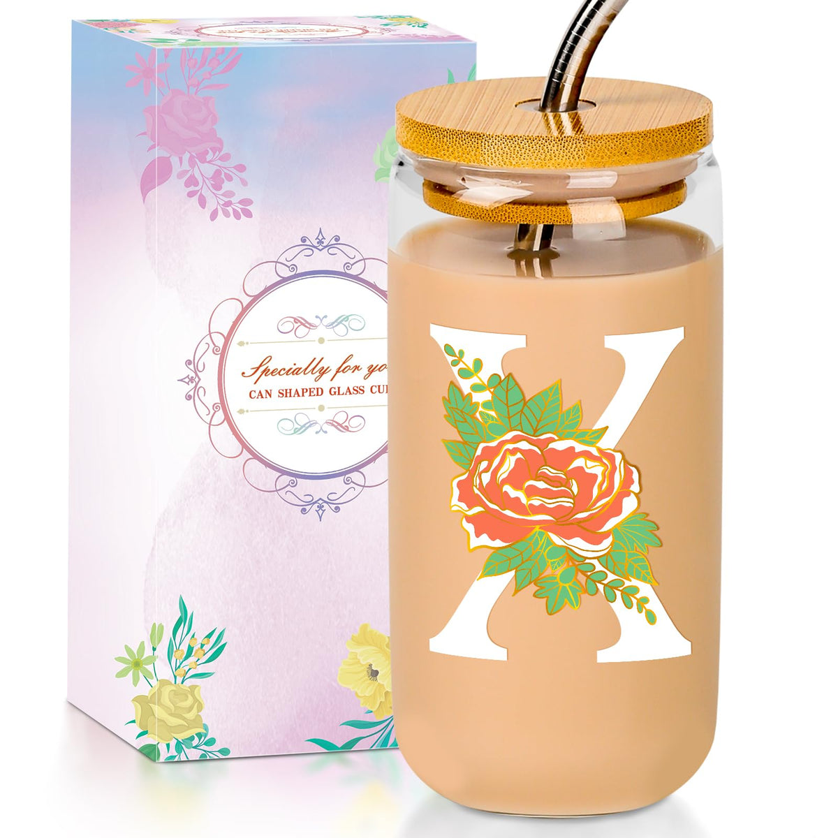 16 Oz Initial Glass Cup with Lid and Straw Personalized Color-Changing