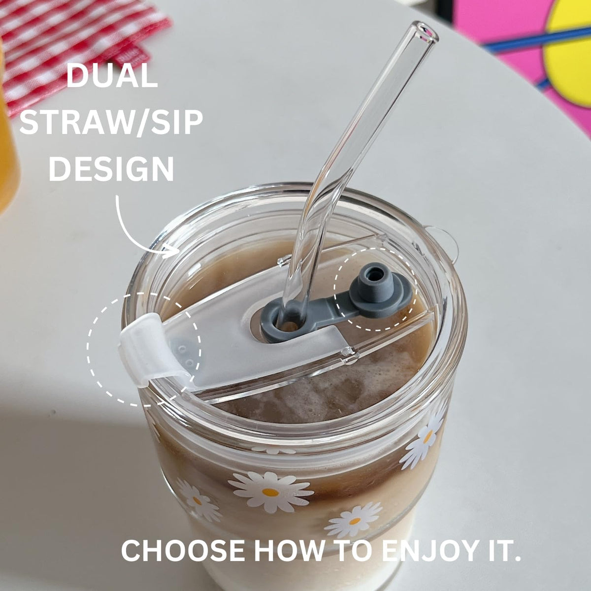 Olvini 13oz Glass Tumbler with Straw and Lid, Reusable Iced Coffee Cup Tumbler, Cute Glass Cups for Water, Matcha, Travel Coffee Mugs (Daisy)