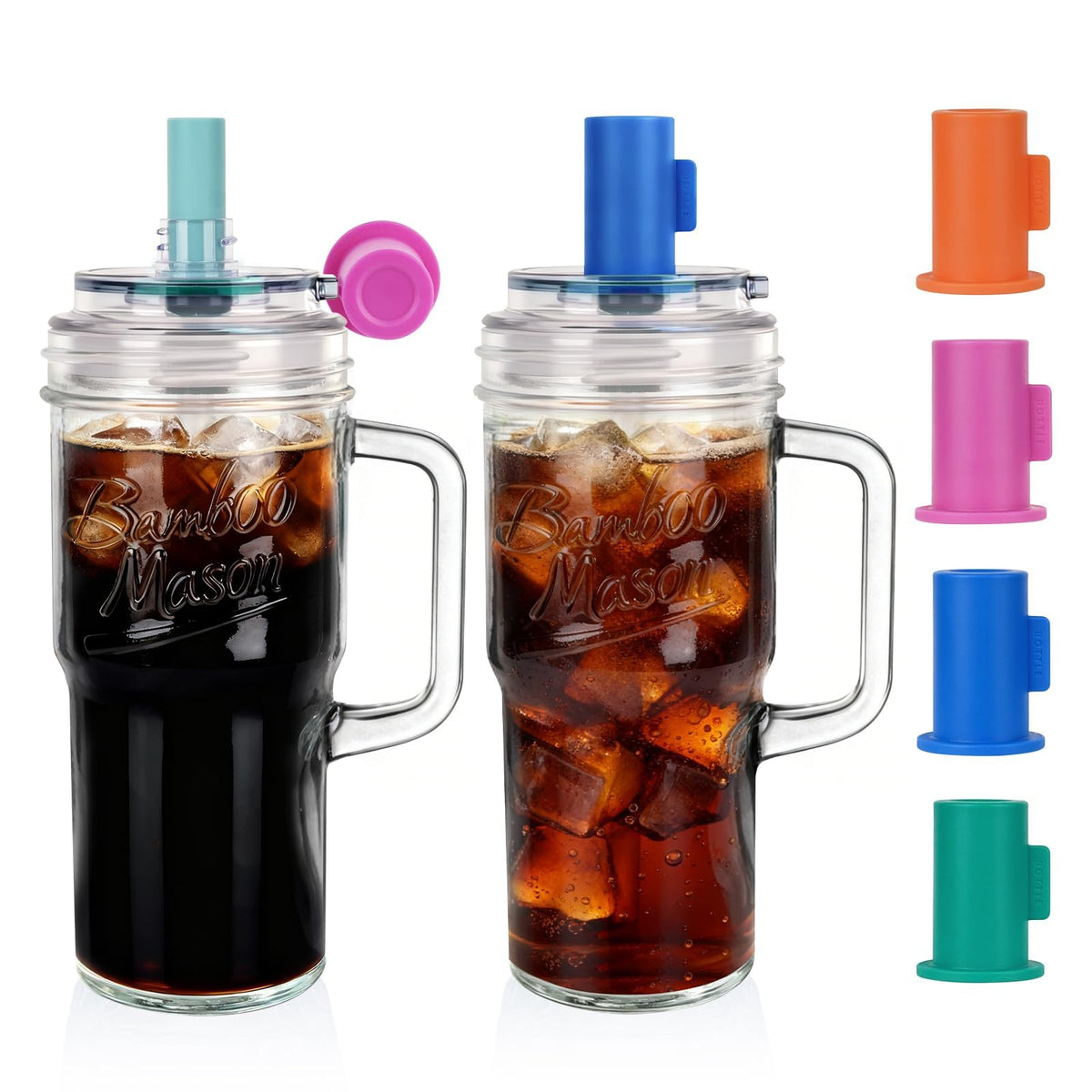 ANOTION Glass Cups with Lids and Straws - 24oz Tumbler with Handle Coffee Cups Glass Straws Glasses Mason Jar Cups Drinking Set Kitchen Essentials Coffee Bar Accessories House Warming Gifts New Home