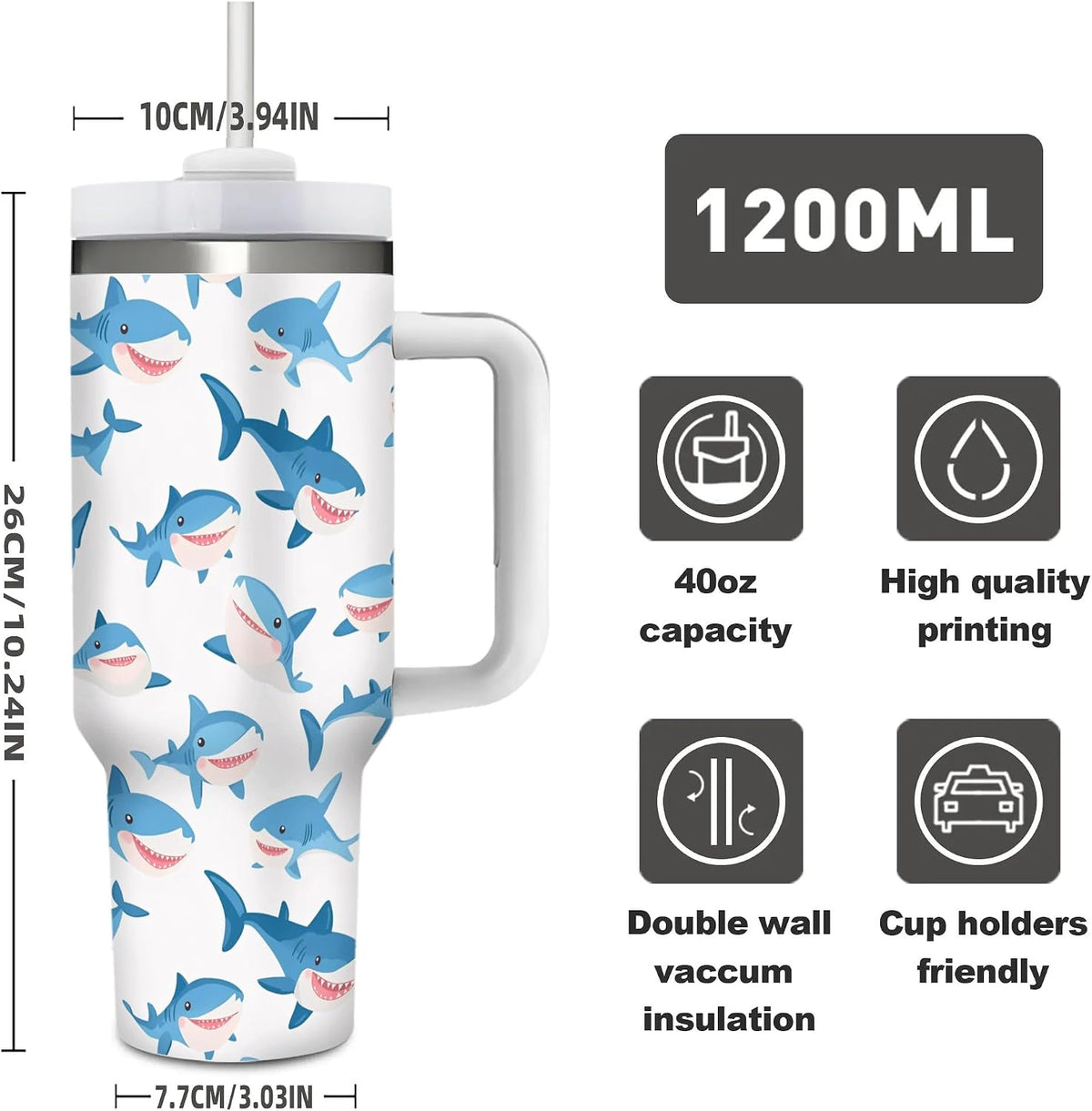 Cartoon Sharks 40 Oz (1200 ml) Ice Bully Cup with Handle Straw, Cute Sea Animals Stainless Steel Travel Insulated Tumbler, Personalized Coffee Mug for Birthday Festval Gifts