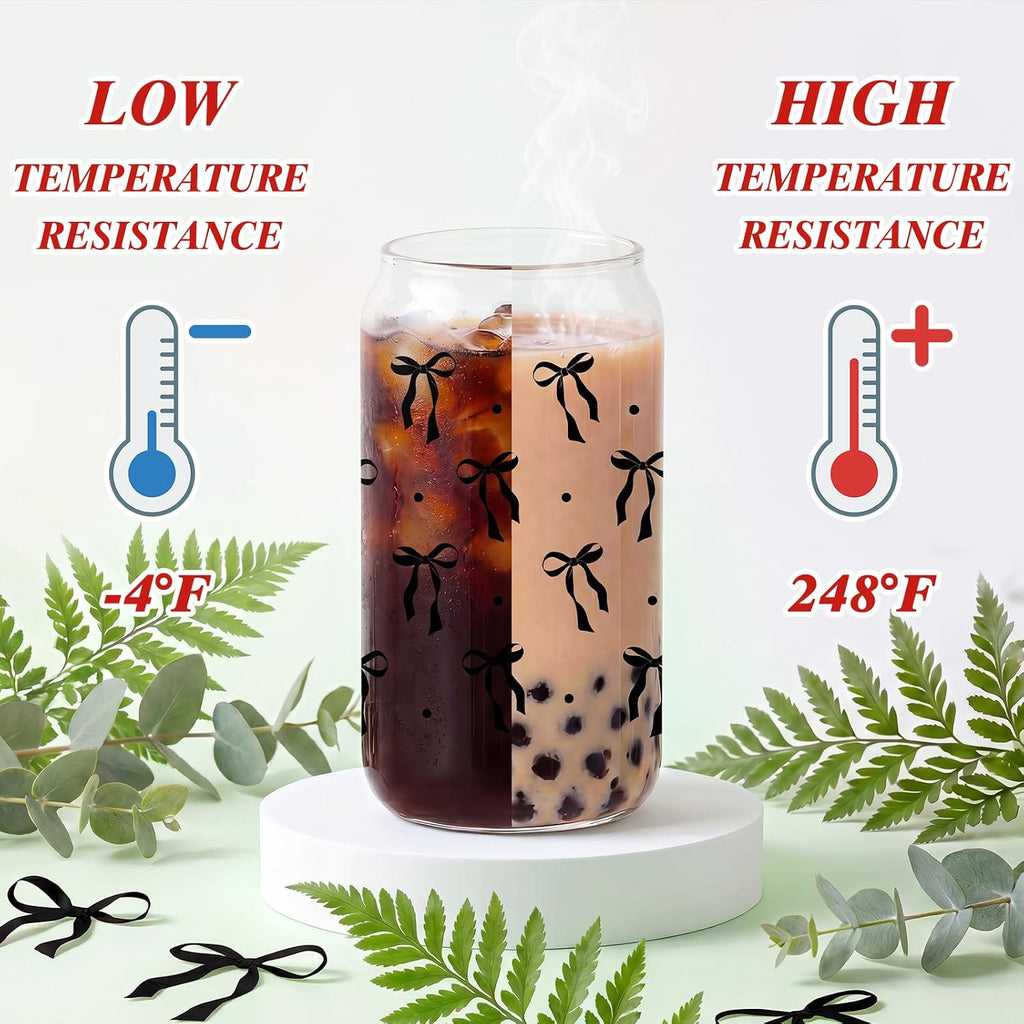 Black Bow Glass Cup with Lids And Straws Cute Halloween Gifts for Women