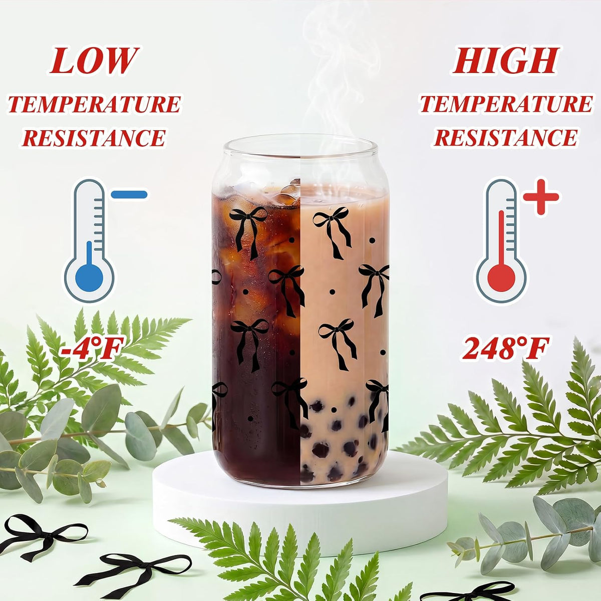 Black Bow Glass Cup with Lids And Straws Cute Halloween Gifts for Women