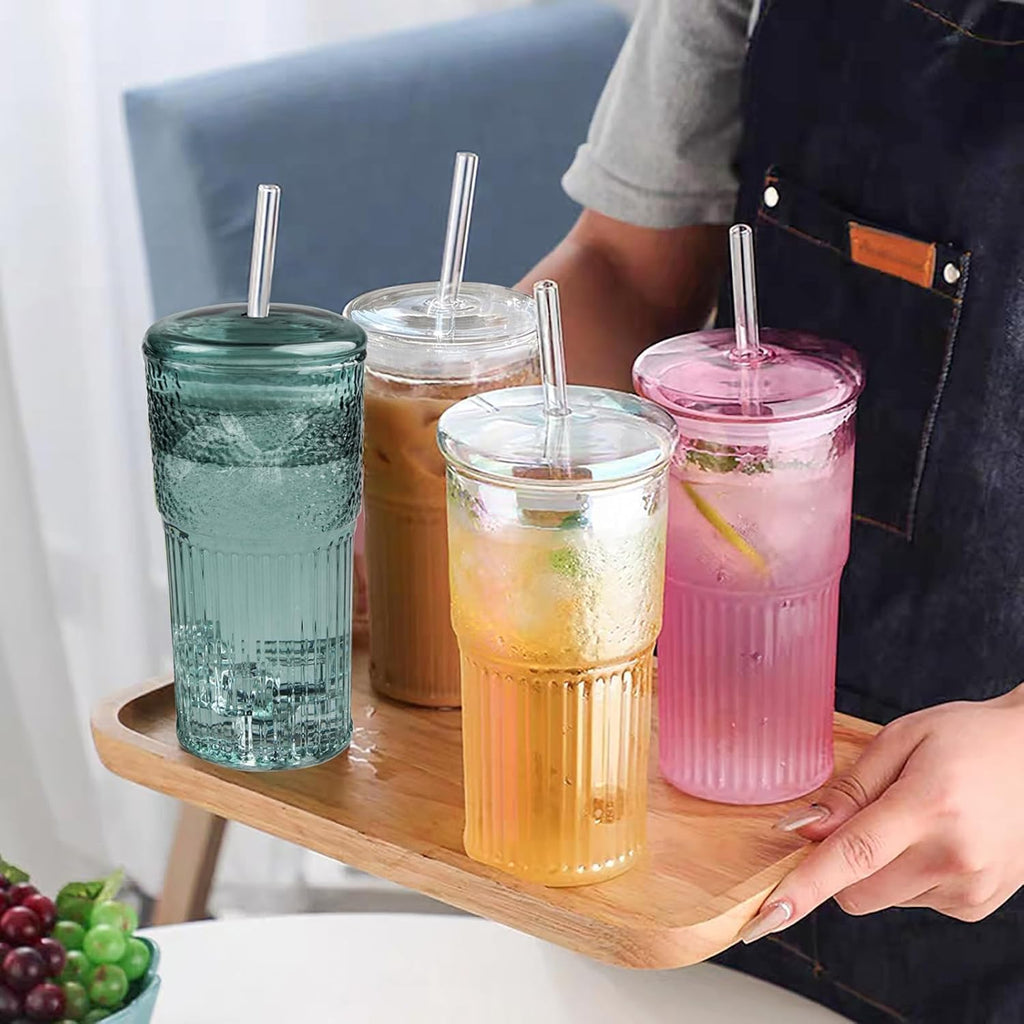 JunVpic Glass Coffee Tumbler, 20 oz Glass Cup with Lid and Straw