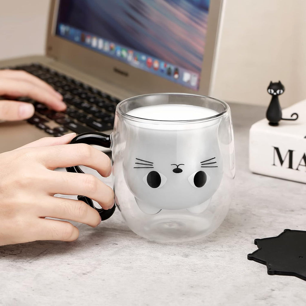 Phitihui Cat Mugs, Double Wall Glass Cute Coffee Tea Cup