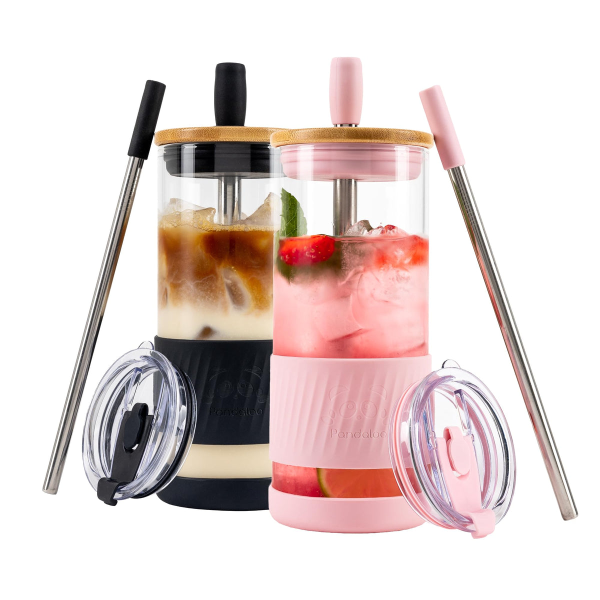 Pandaloo® Glass Cups With Lids and Straws -20 Fl Oz- Perfect Size Iced Coffee Cup - Smoothie Cup With Bamboo Lid and On the go Lid - Glass Tumbler With Straw (1 Count (Pack of 1), Tender Pink)