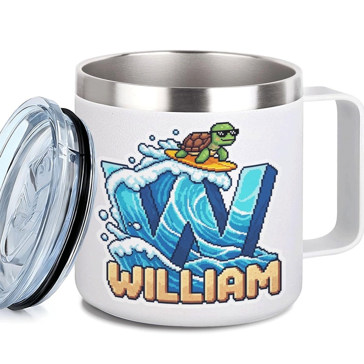 Leo Personalized Kids Mug with Lid, 10 oz Stainless Steel Insulated Camp Cup, Cartoon Lion Tropical Tiki Theme