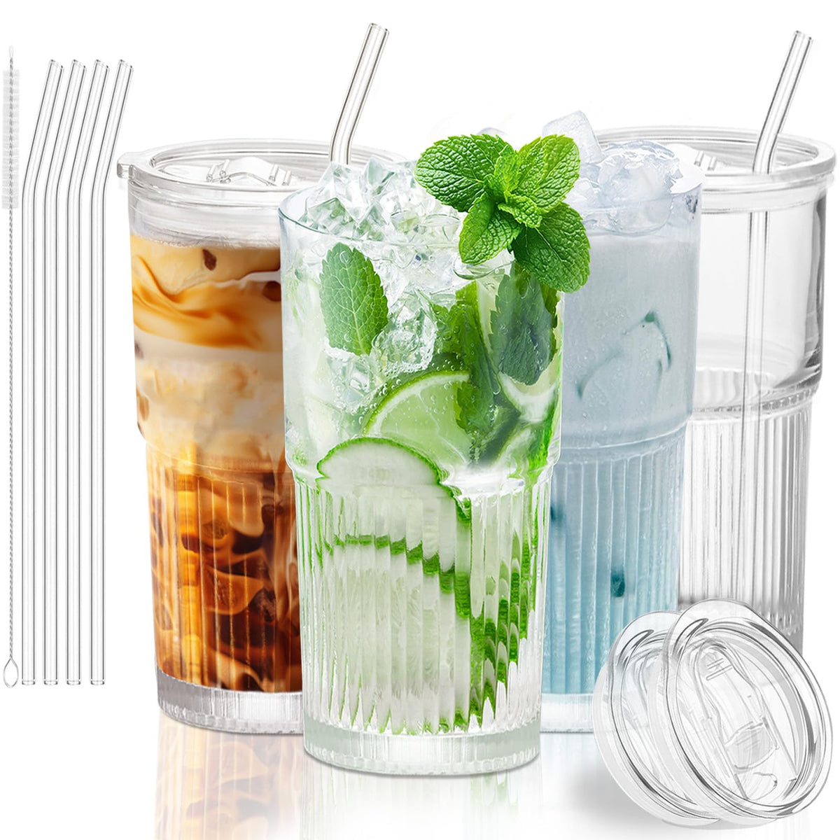 Luiaiog Glass Cup with Lid and Straw, 18.6 oz Ribbed Iced Coffee Tumbler, Leakproof Reusable Drinking Glass for Smoothie, Boba, Water, Single Pack with Straw Brush, Dishwasher Safe
