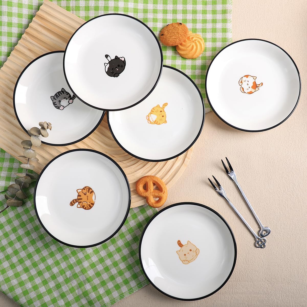 SOCOSY Super Cute Cartoon Animals Ceramic Sauce Dishes/Seasoning Dishes/Sushi Soy Dipping Bowls/Appetizer Plates/Dessert Plates/Little Cat Dog Feeding Bowls/Serving Dishes, 6 PCS-Cat Body-5 Inch