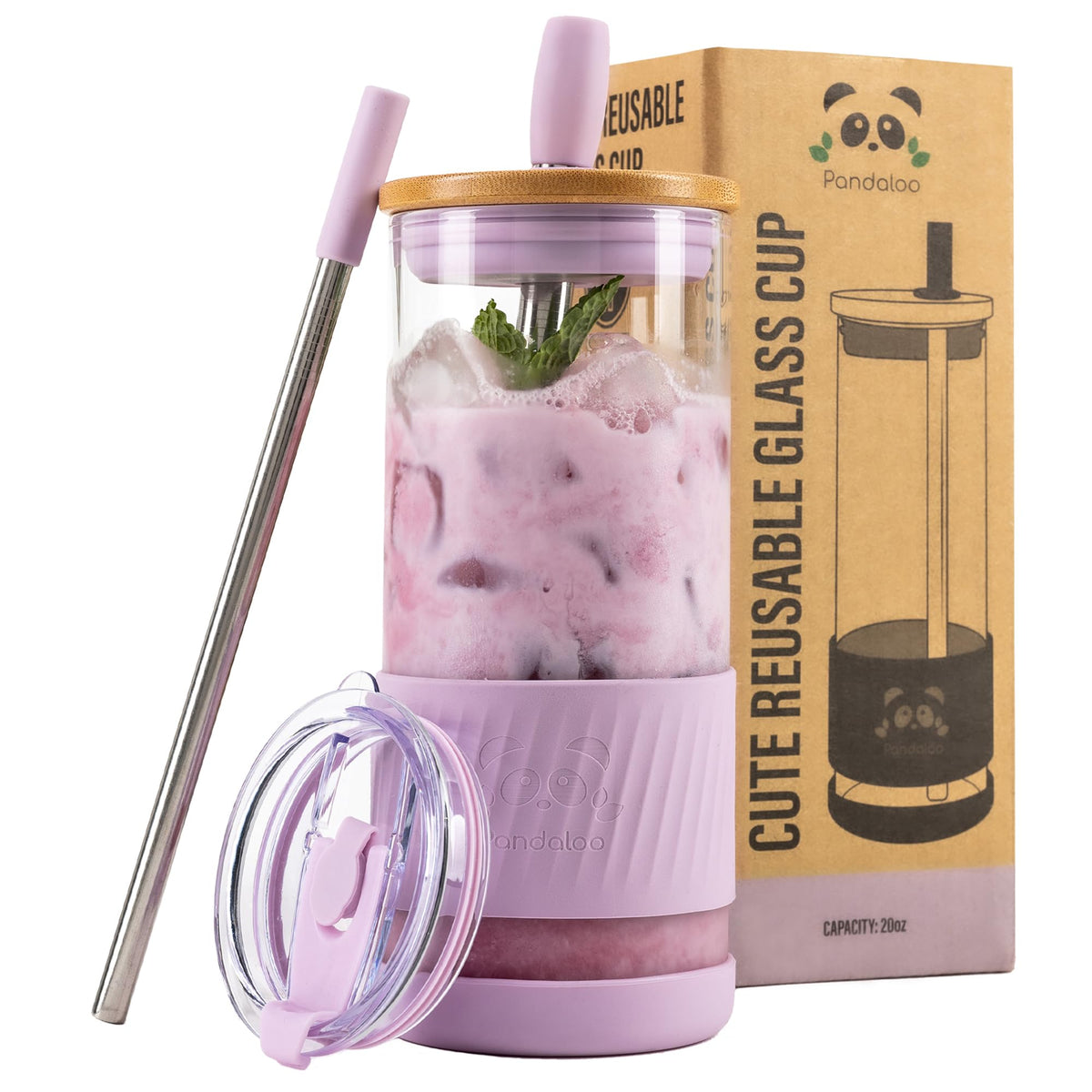 Pandaloo® Glass Cups With Lids and Straws -20 Fl Oz- Perfect Size Iced Coffee Cup - Smoothie Cup With Bamboo Lid and On the go Lid - Glass Tumbler With Straw (1 Count (Pack of 1), Tender Pink)