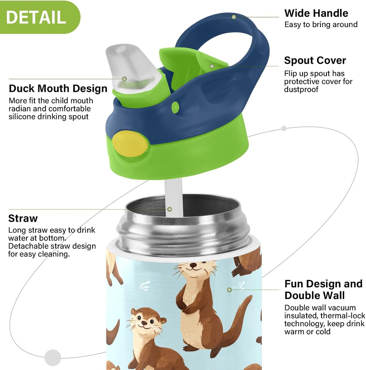 Pigsaly Kids Insulated Water Bottle Cute Cartoon Otter Blue 12oz Stainless Steel Vacuum Insulated Tumbler With Handle Double Wall Vacuum Travel Coffee Mug Toddler Cup For Boys Girls