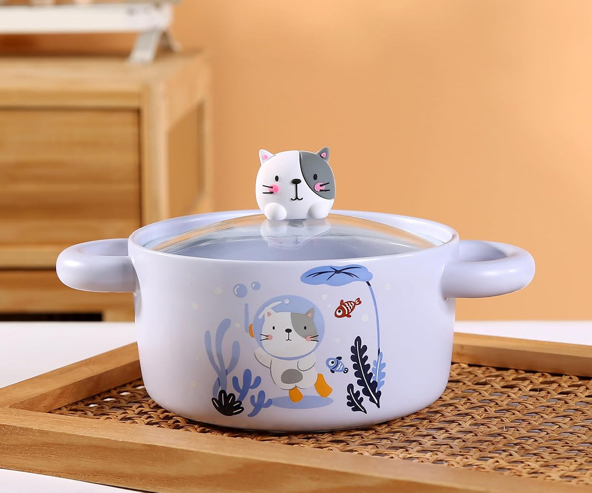 Urban Tokyo Cute Cartoon Characters Porcelain Ramen Noodle Bowl with Glass Lid 30 fl oz Bowl With Side Handles For Udong, Pho, Tomyum Ramen Noodle (Bear)