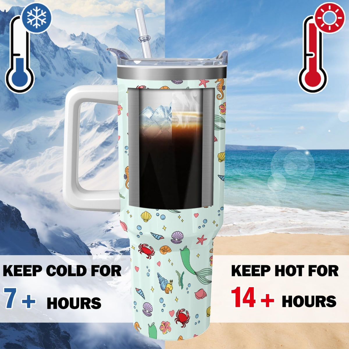 Cartoon Seafloor Princess Tumbler with Handle & Straw | Sea World | Travel Coffee Mug -Birthday/Christmas Gift to Girl/Women