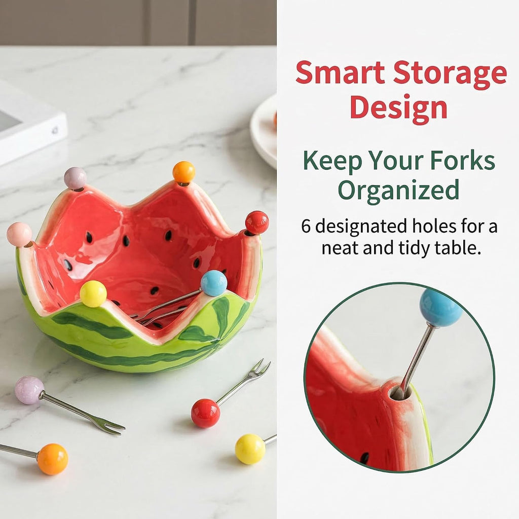 Watermelon-Shaped Ceramic Fruit Bowl with 6 Stainless Steel Forks