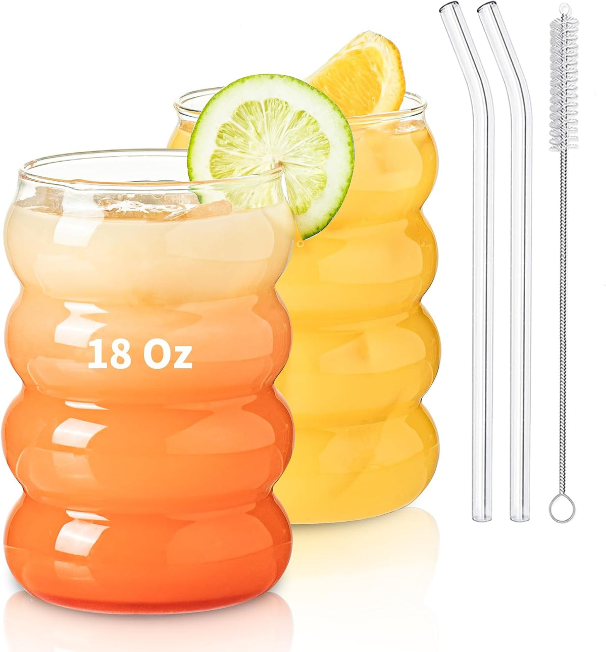KEMORELA 2PCS Wave Bubble Beverage Glasses With Straws, 18 Oz Vintage Glass Cups, Aesthetic Iced Coffee Glasses, Ripple Glassware, Beer Glasses - Stylish Drinkware for Every Occasion
