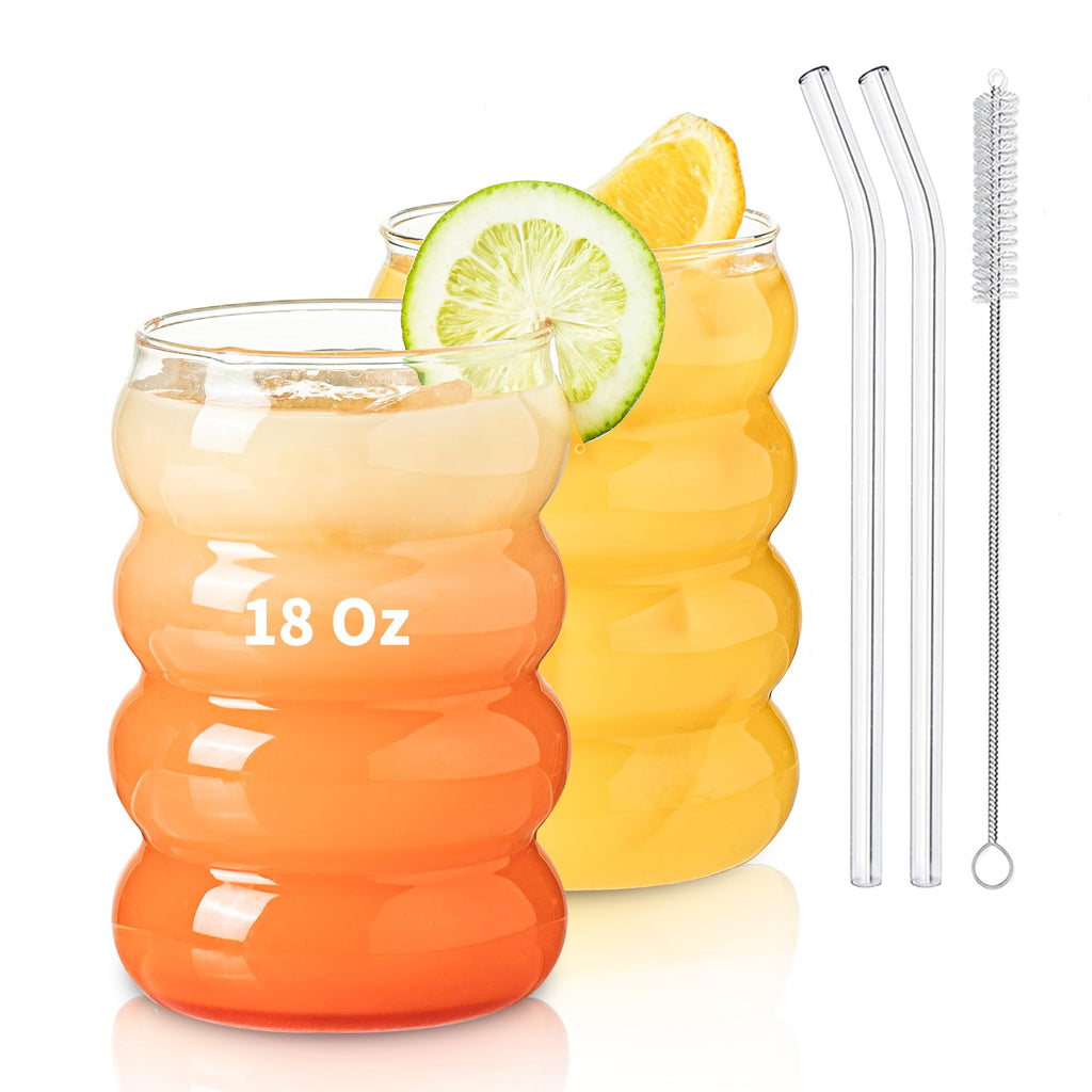 KEMORELA 2PCS Wave Bubble Beverage Glasses With Straws, 18 Oz Vintage Glass Cups, Aesthetic Iced Coffee Glasses, Ripple Glassware, Beer Glasses - Stylish Drinkware for Every Occasion
