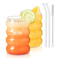 KEMORELA 2PCS Wave Bubble Beverage Glasses With Straws, 18 Oz Vintage Glass Cups, Aesthetic Iced Coffee Glasses, Ripple Glassware, Beer Glasses - Stylish Drinkware for Every Occasion