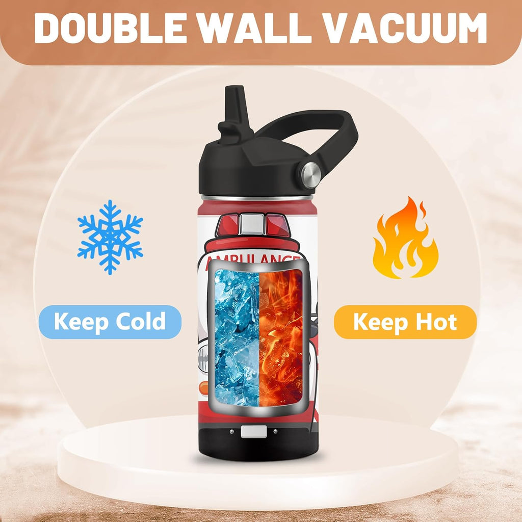 Cute Ambulance Car Water Bottle, 16 oz Water Bottles with Straw Lid