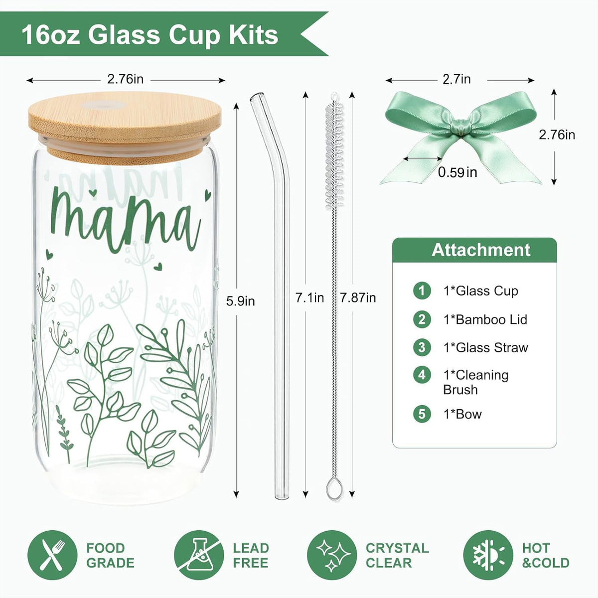 Gifts for Mom Bow New Mama Glass Cup with Lids and Straws
