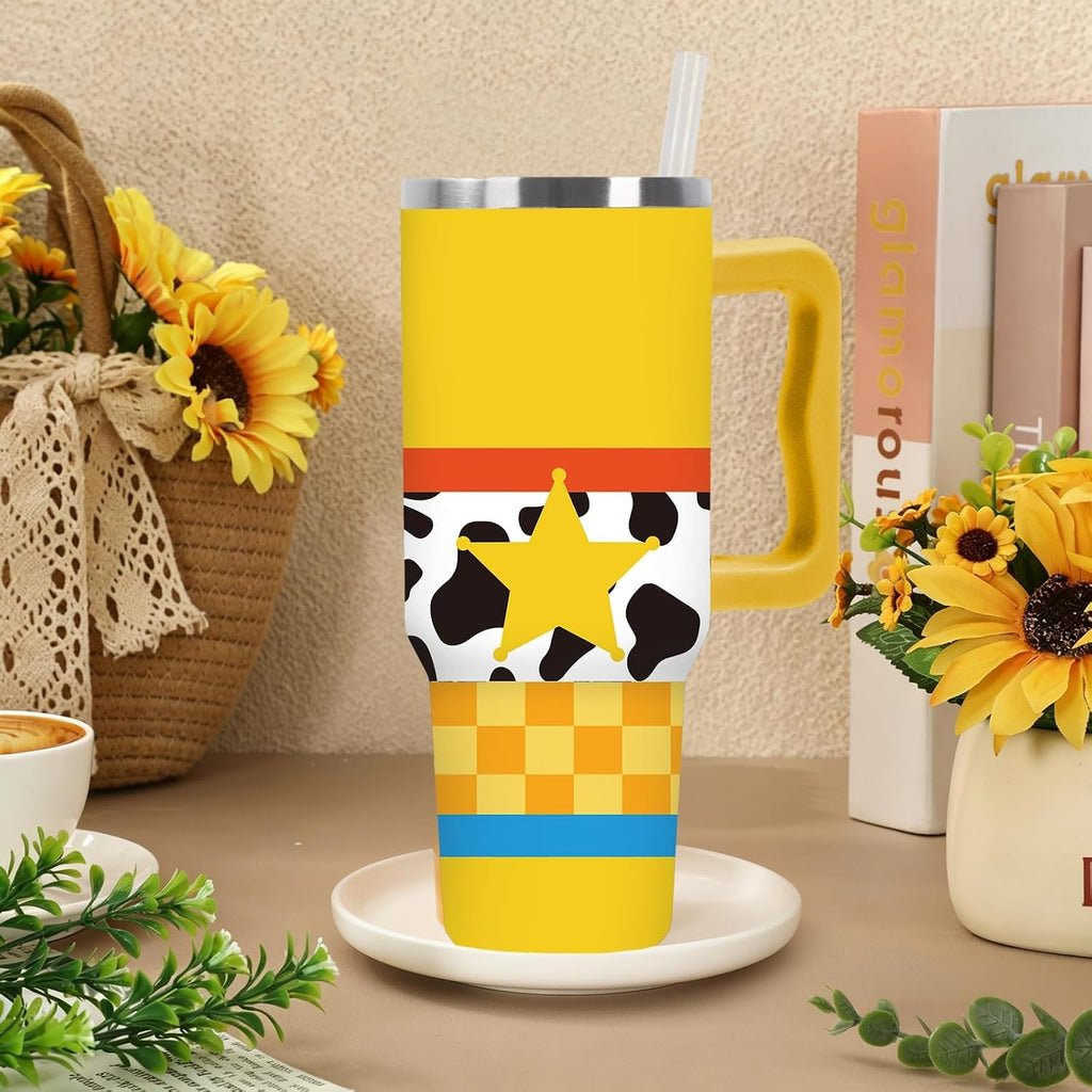 FYSUIMU Cartoon Story Tumbler with Handle Toy Theme Stainless Steel Cup 40oz Yellow Plaid Star Cow Print Insulated Travel Mug with Lid Straw for Car Office Home Use