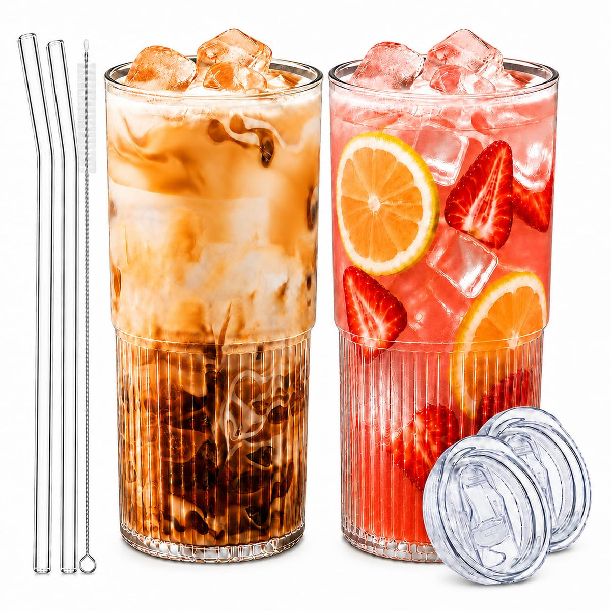 Luiaiog Glass Cup with Lid and Straw, 18.6 oz Ribbed Iced Coffee Tumbler, Leakproof Reusable Drinking Glass for Smoothie, Boba, Water, Single Pack with Straw Brush, Dishwasher Safe