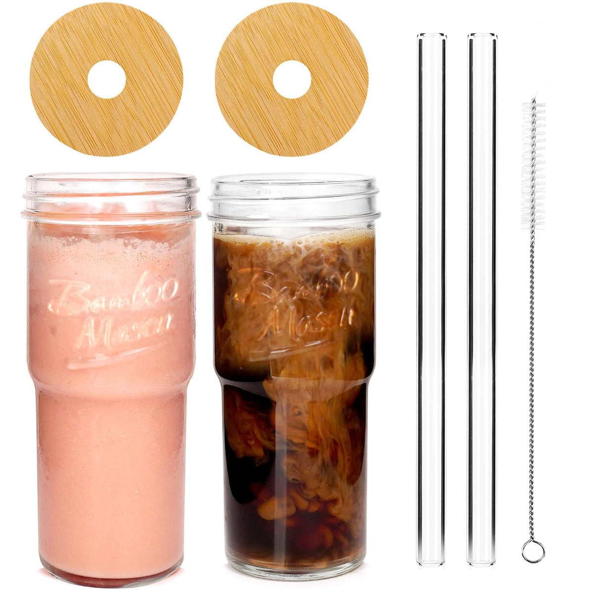 ANOTION Glass Cups with Lids and Straws - 24oz Tumbler with Handle Coffee Cups Glass Straws Glasses Mason Jar Cups Drinking Set Kitchen Essentials Coffee Bar Accessories House Warming Gifts New Home