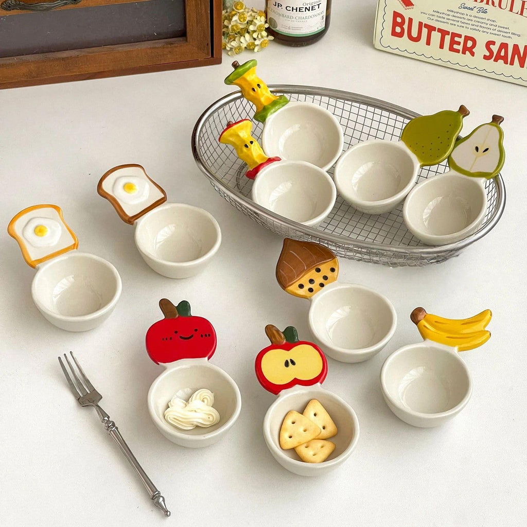 Cartoon Ceramic Dipping Sauce Plate Set, Hand-Painted Small Dish with Handle for Condiments, Soy Sauce, Salad, Chili Oil, Cute Serving Bowl for Sushi, Hot Pot, Dessert, Kitchen Gift (Style 1)