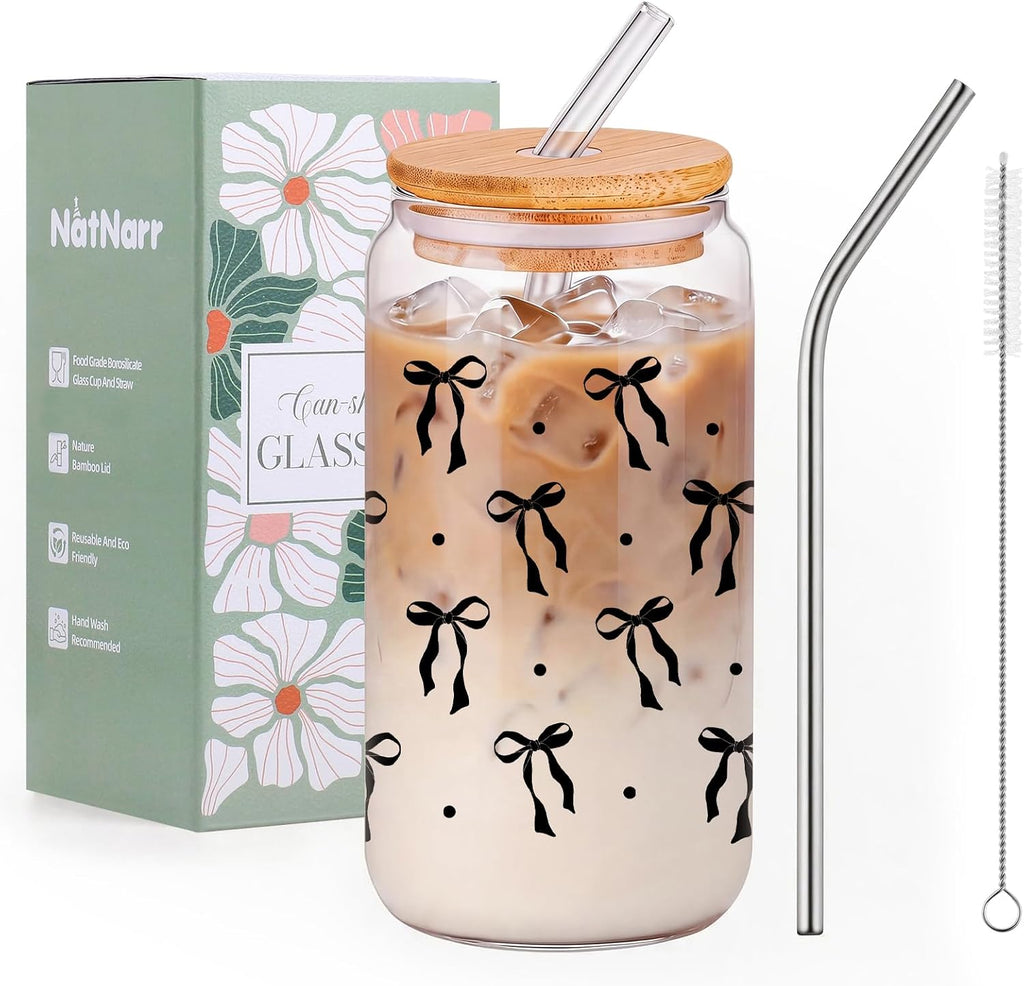 Black Bow Glass Cup with Lids And Straws Cute Halloween Gifts for Women