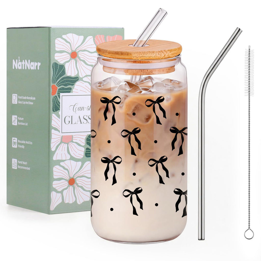 Cute Glass Cups with Lids and Straws, Daisy Flower Cup for Iced Coffee