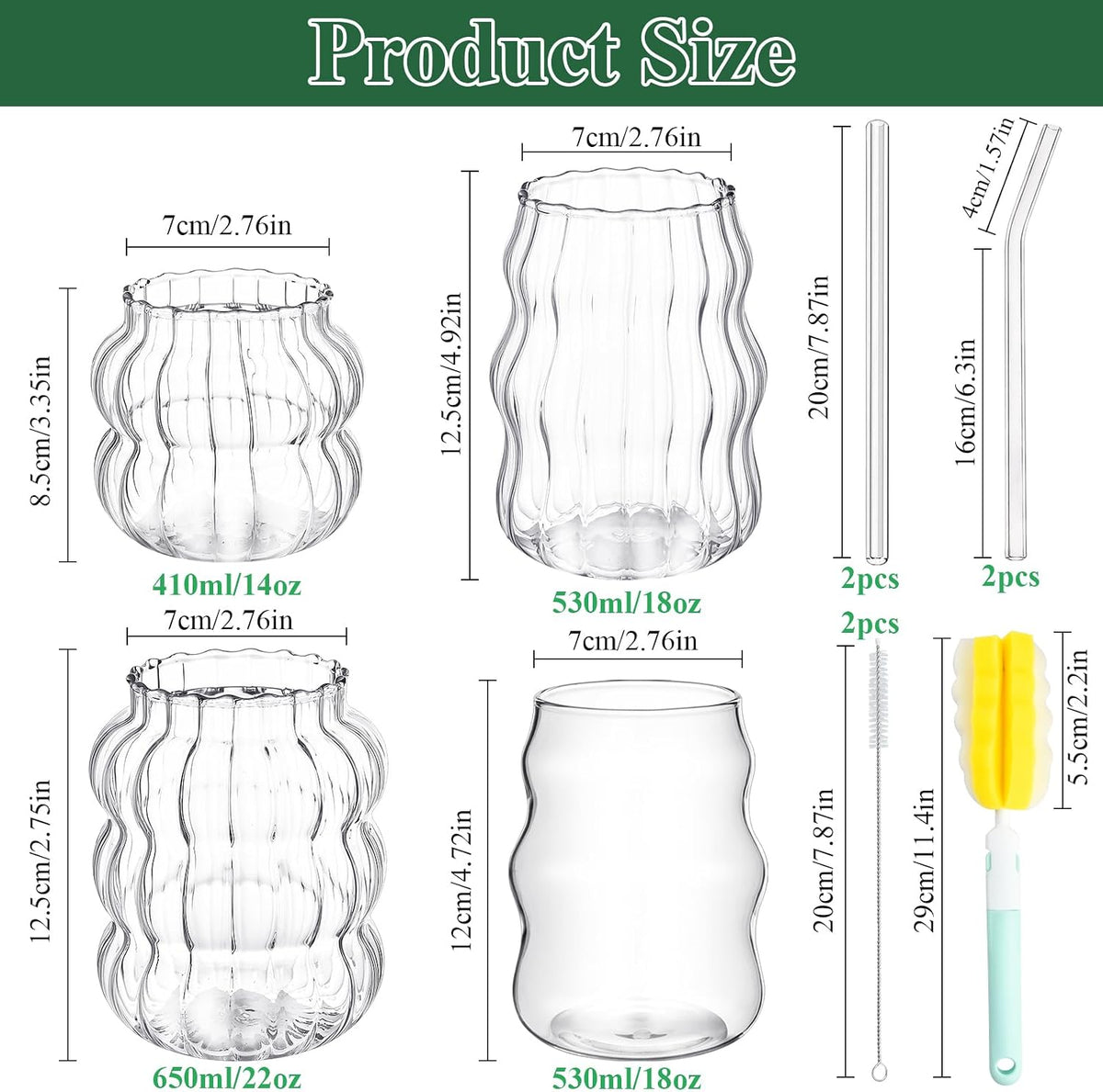4 Pcs Creative Glass Cups,Wave Shape Cute Drinking Glasses with 4 Glass Straw (Straight & Elbow) Aesthetic Cups Vintage Ribbed Glassware for Beverage Coffee Milk Cocktail Juice-3Cleaning Brush