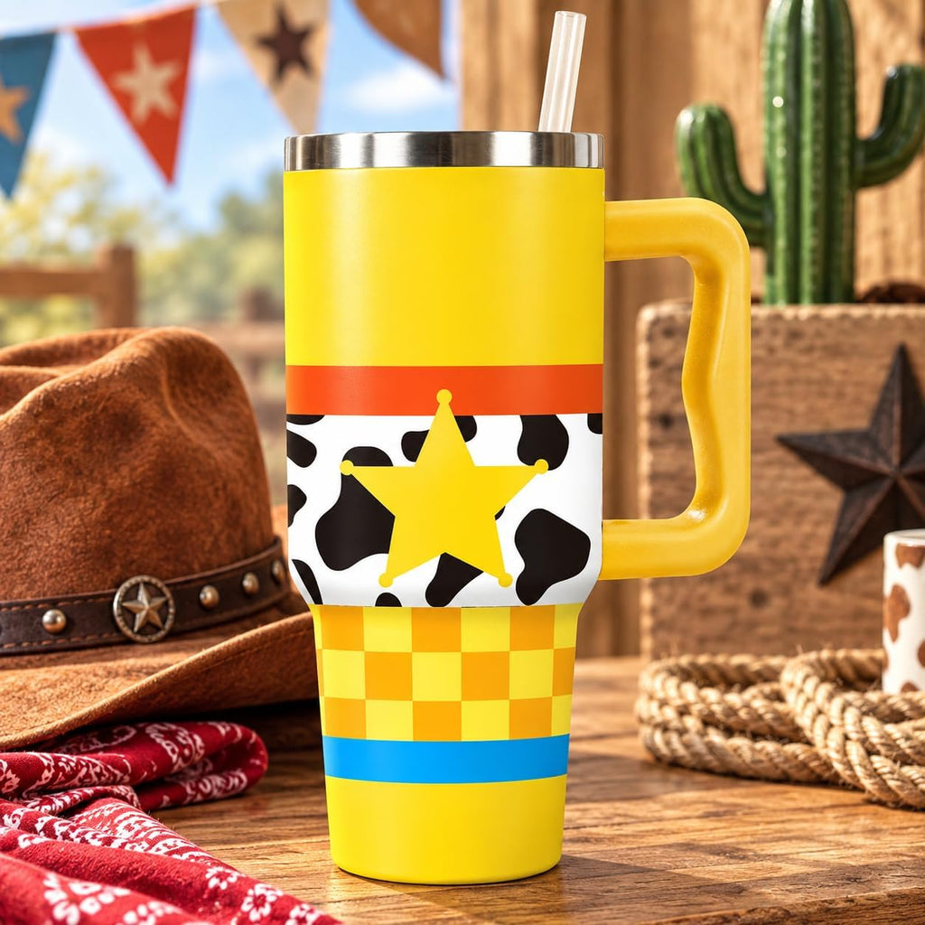 FYSUIMU Cartoon Story Tumbler with Handle Toy Theme Stainless Steel Cup 40oz Yellow Plaid Star Cow Print Insulated Travel Mug with Lid Straw for Car Office Home Use