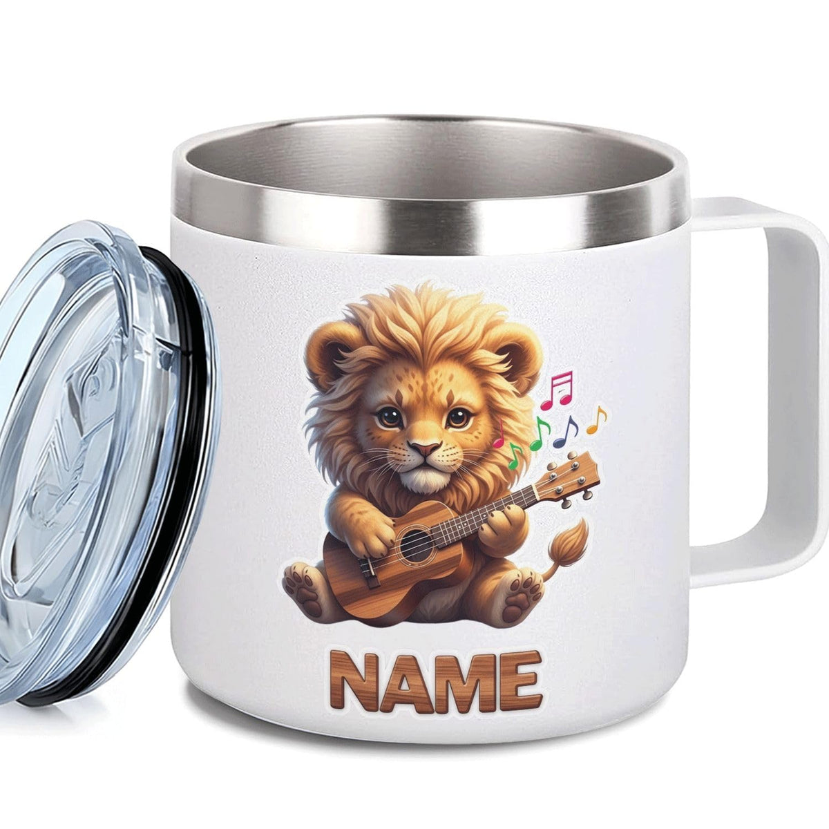 Leo Personalized Kids Mug with Lid, 10 oz Stainless Steel Insulated Camp Cup, Cartoon Lion Tropical Tiki Theme