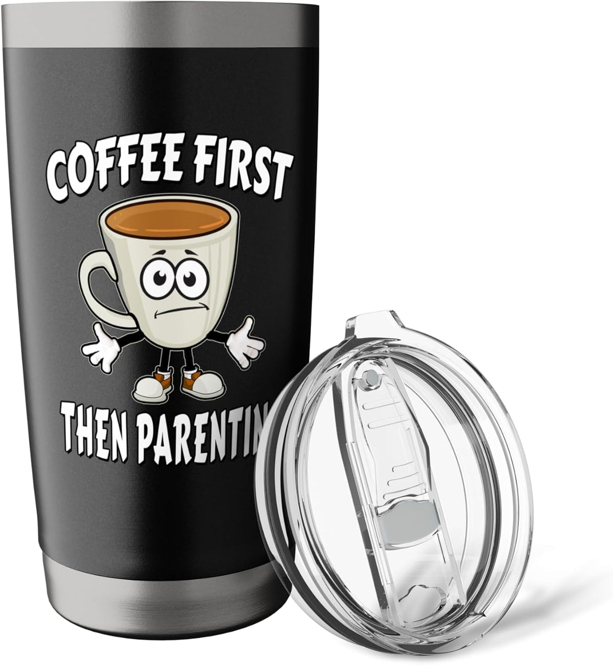 Coffee First Then Parenting - Annoyed Cartoon Coffee Cup Stainless Steel Insulated Tumbler