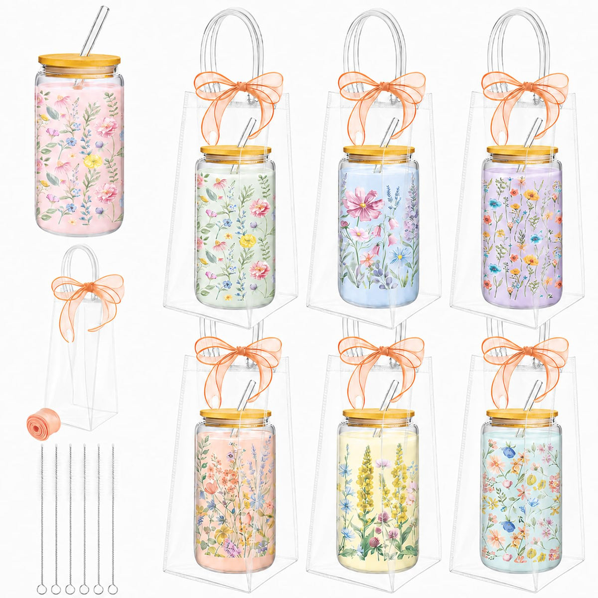 Mumufy 6 Sets Wildflower Cute Glass Cups with Lids and Straws Bulk, 16 Oz