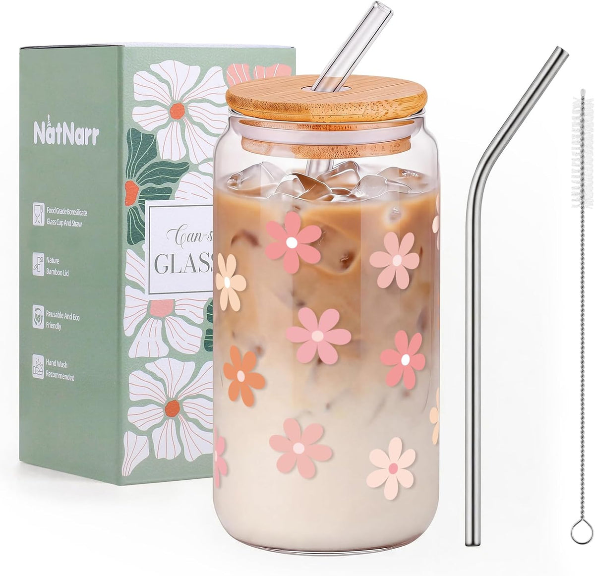 Cute Glass Cups with Lids and Straws, Daisy Flower Cup for Iced Coffee