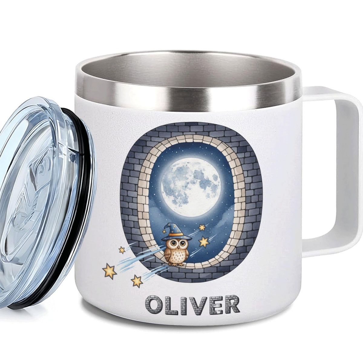 Leo Personalized Kids Mug with Lid, 10 oz Stainless Steel Insulated Camp Cup, Cartoon Lion Tropical Tiki Theme