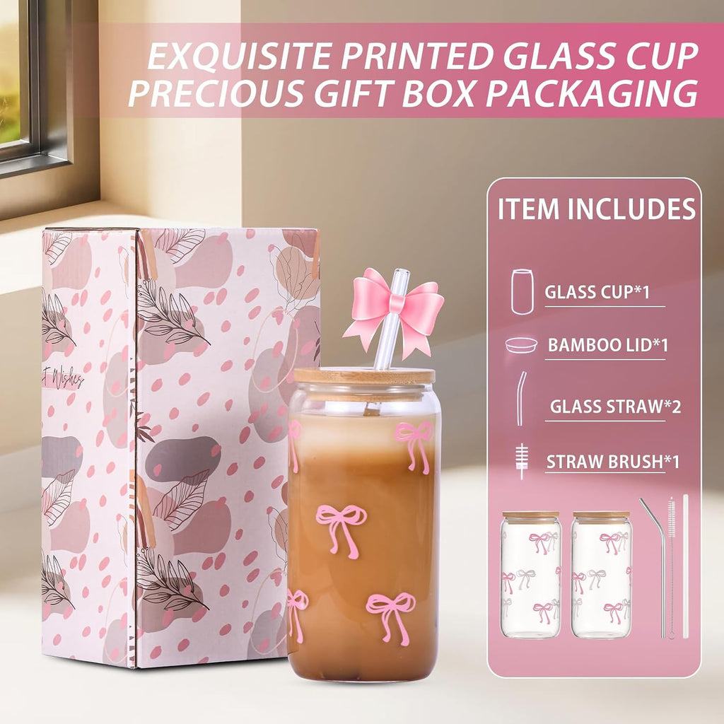 Cute Pink Bow Glass Cups with Lids & Straws, Aesthetic Iced Coffee Cup, Girly Preppy Design Tumbler Mug, Birthday Valentine Gifts for Women, Teen Girl Gifts Trendy Stuff