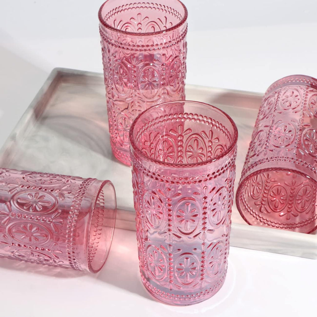 abrwyy Pink Drinking Glasses, 12oz Pink Glassware, Vintage Glassware