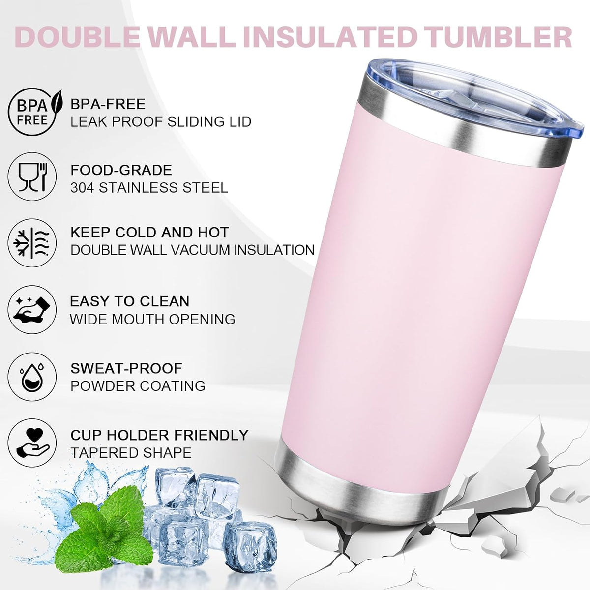 20oz Tumbler with Lid Double Wall Vacuum Insulated Travel Coffee Mug Stainless Steel Thermal Cup Powder Coated Sturdy Coffee Tumbler Bulk for Hot and Cold Beverage (Pink,1)