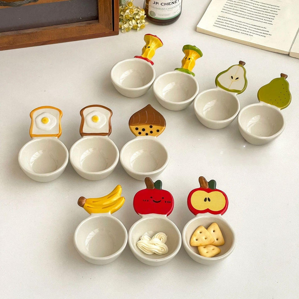 Cartoon Ceramic Dipping Sauce Plate Set, Hand-Painted Small Dish with Handle for Condiments, Soy Sauce, Salad, Chili Oil, Cute Serving Bowl for Sushi, Hot Pot, Dessert, Kitchen Gift (Style 1)